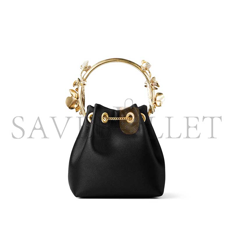 JIMM YCHOO BON BON BLACK SATIN BUCKET BAG WITH METAL FLOWERS BONBONIFE010003 (15*14*9.5cm)